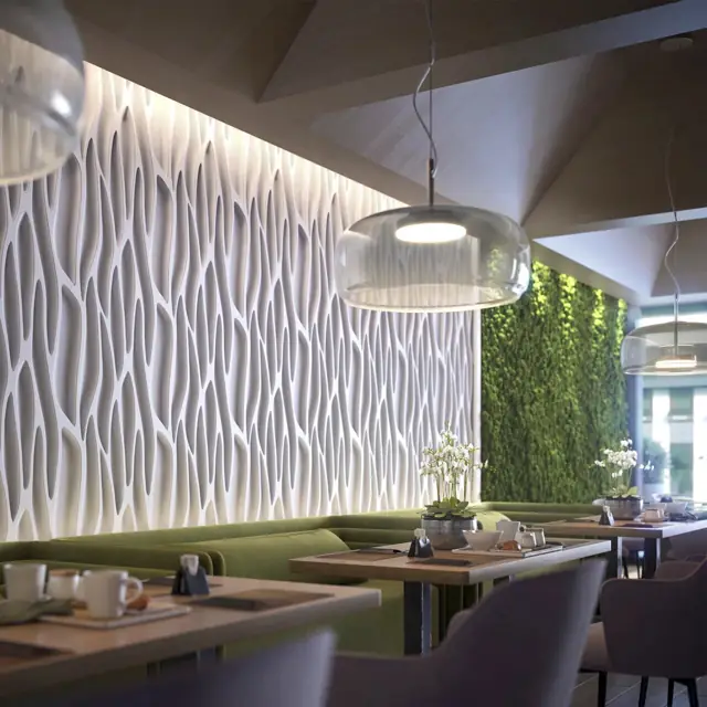 3D-визуализация: панели-волны с подсветкой в столовой