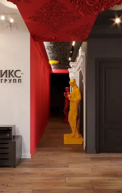 3D-визуализация: коридор с жёлтой статуей